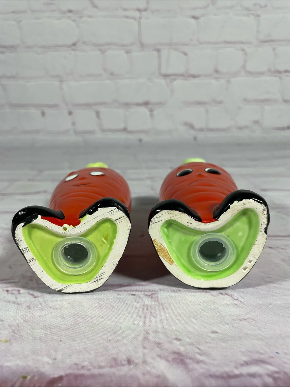 Vintage Anthropomorphic Happy and Sad Ceramic Carrot Salt and Pepper Shaker Pair